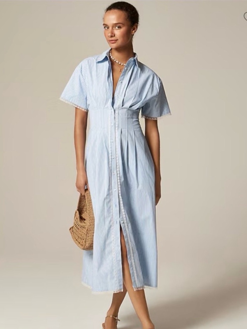 J. Crew NWT Wren lace trim Shirtdress Midi Pin stripe Blue White Womens size 8